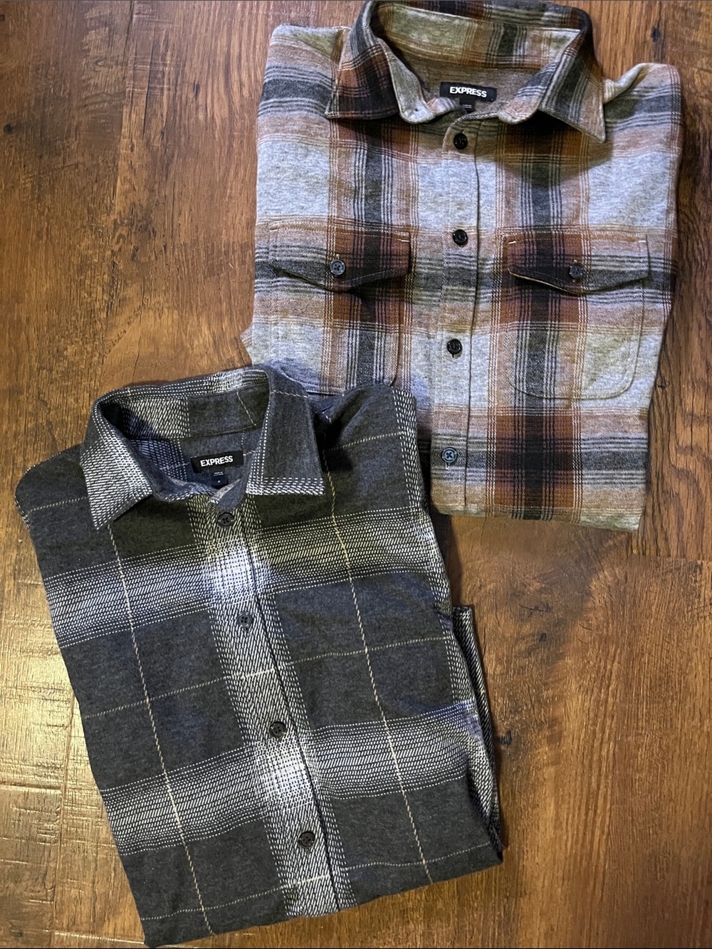 2 Express Men's Gray & Brown Plaid Shirts (Pair)